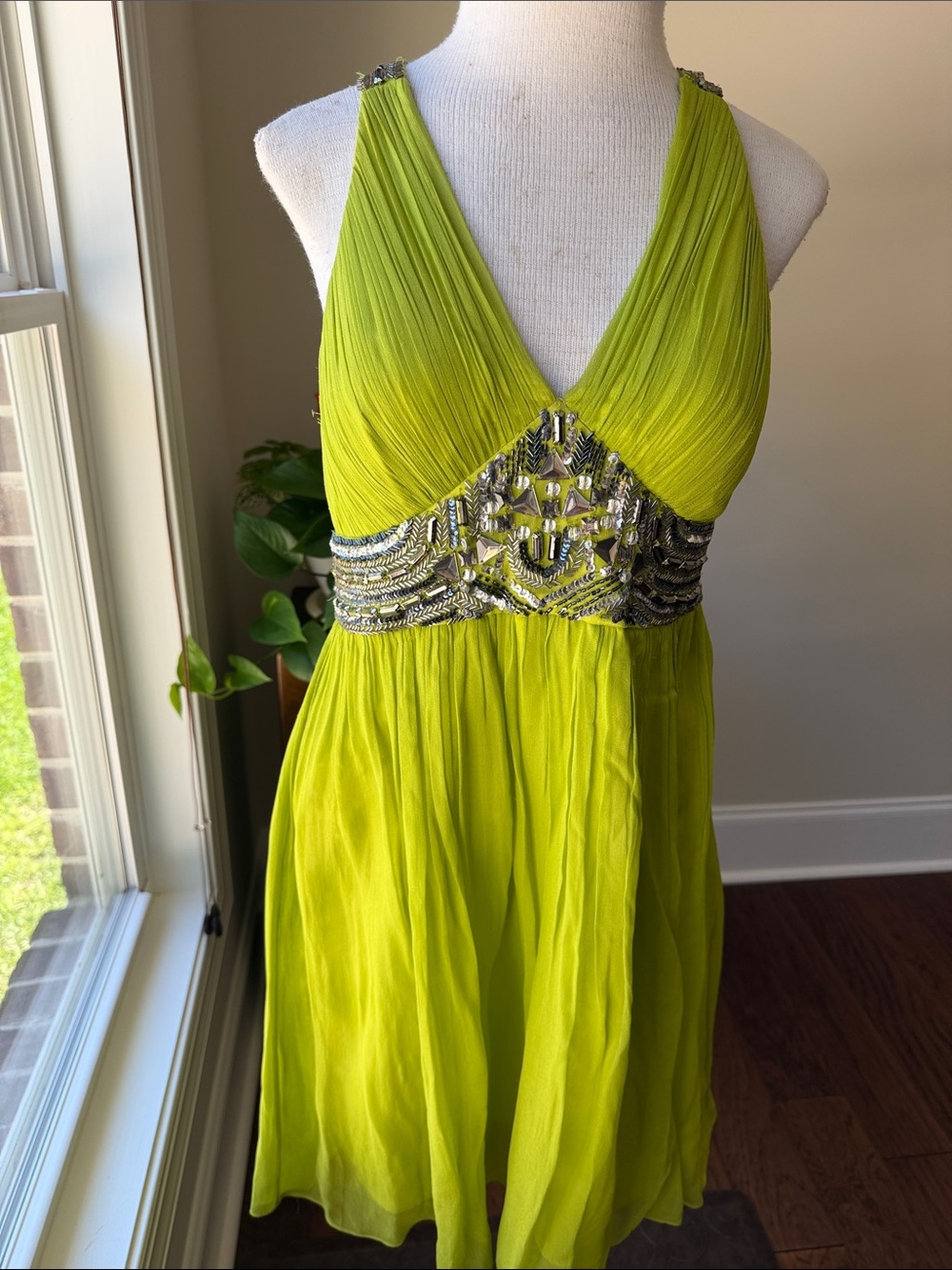 Adrianna Papell Chartreuse V-Neck Beaded Waist Mini Dress